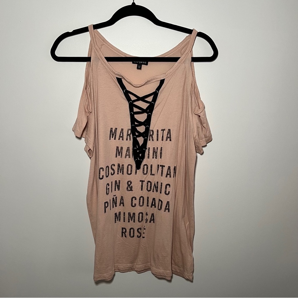 Express Lace-Up Graphic Cold Shoulder Top Size L